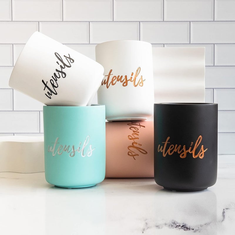 styled settings White Ceramic Utensil Holder with Interior Copper Finish - Large and Sturdy Spatula Holder - Rose Gold Kitchen Accessories, Stylish Countertop Utensil Organizer - Image 3